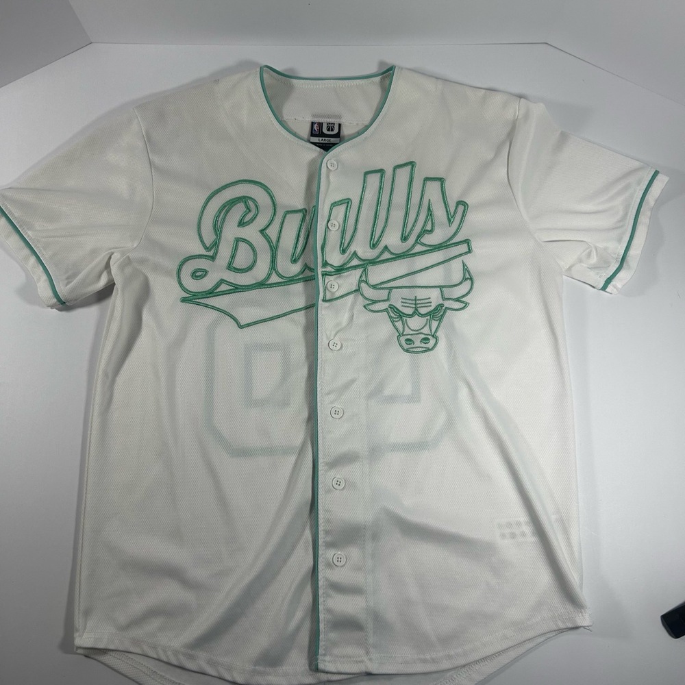 NBA Mens Chicago Bulls Baseball Jersey White Teal Size Large Button Up